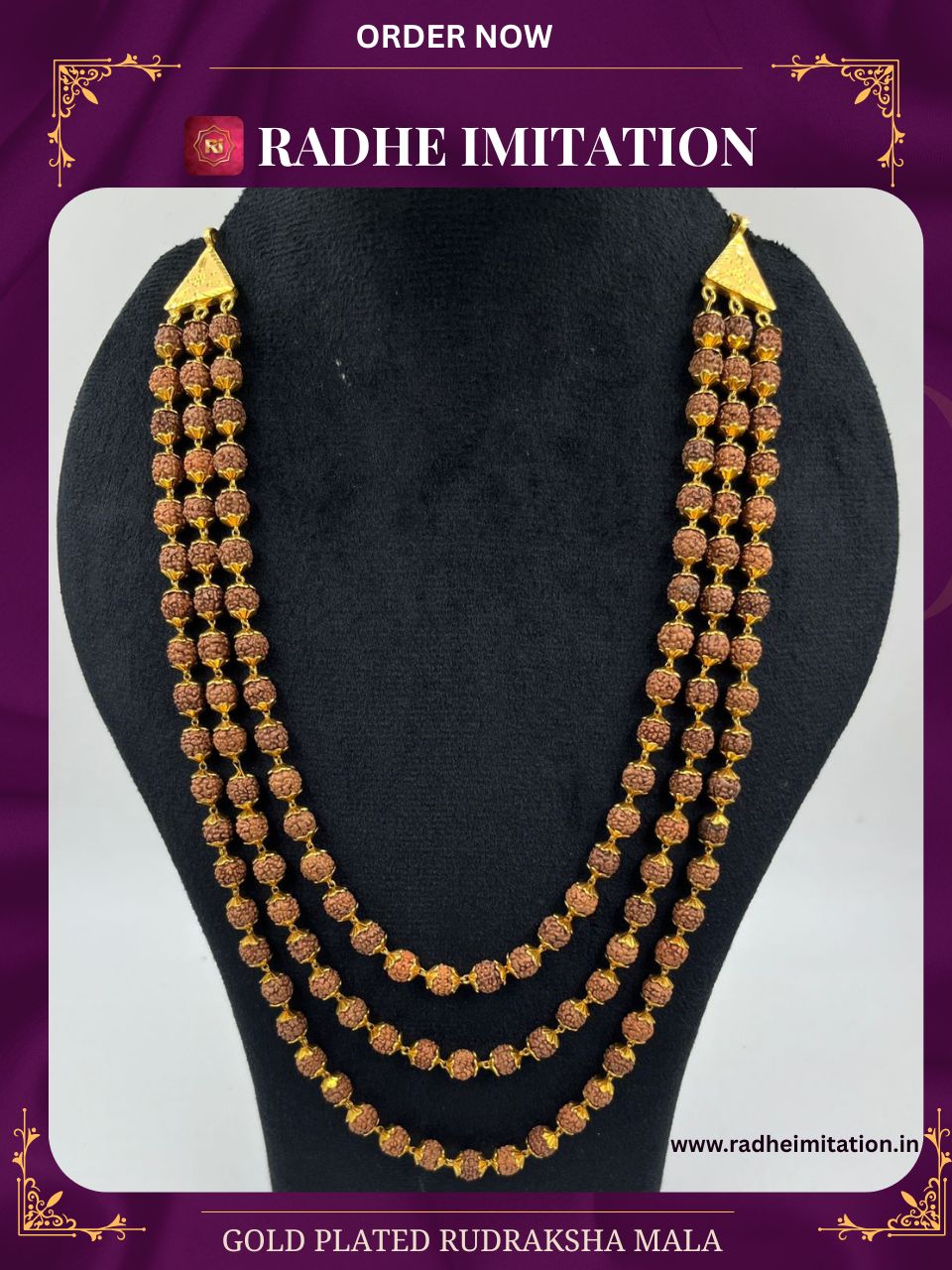 1 GRAM GOLD PLATED 3 LINE RUDRAKSHA MALA FOR MEN DESIGN A-127