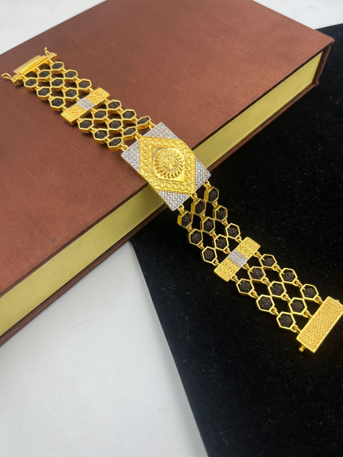 1 GRAM GOLD BLACK RUDRAKSHA SURYA BRACELET FOR MEN DESIGN A-198