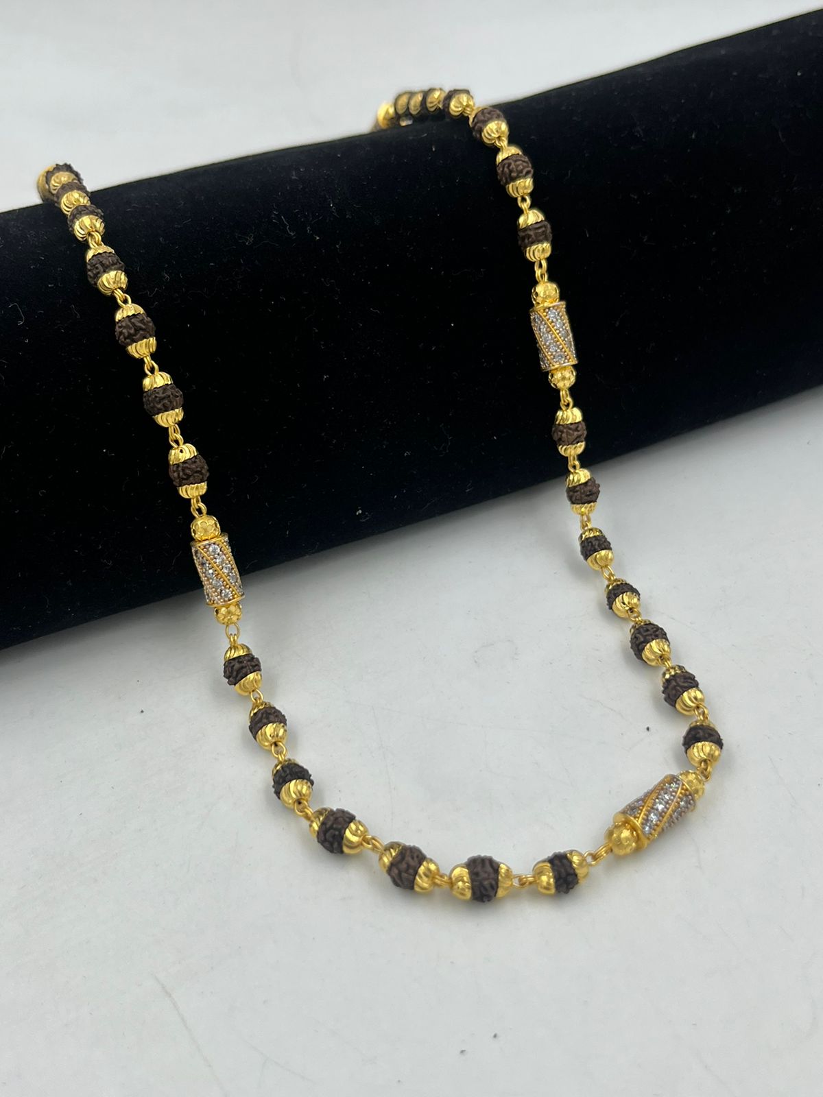 1 GRAM GOLD PLATED BLACK RUDRAKSHA MALA WITH DIAMOND FOR MEN DESIGN A-57