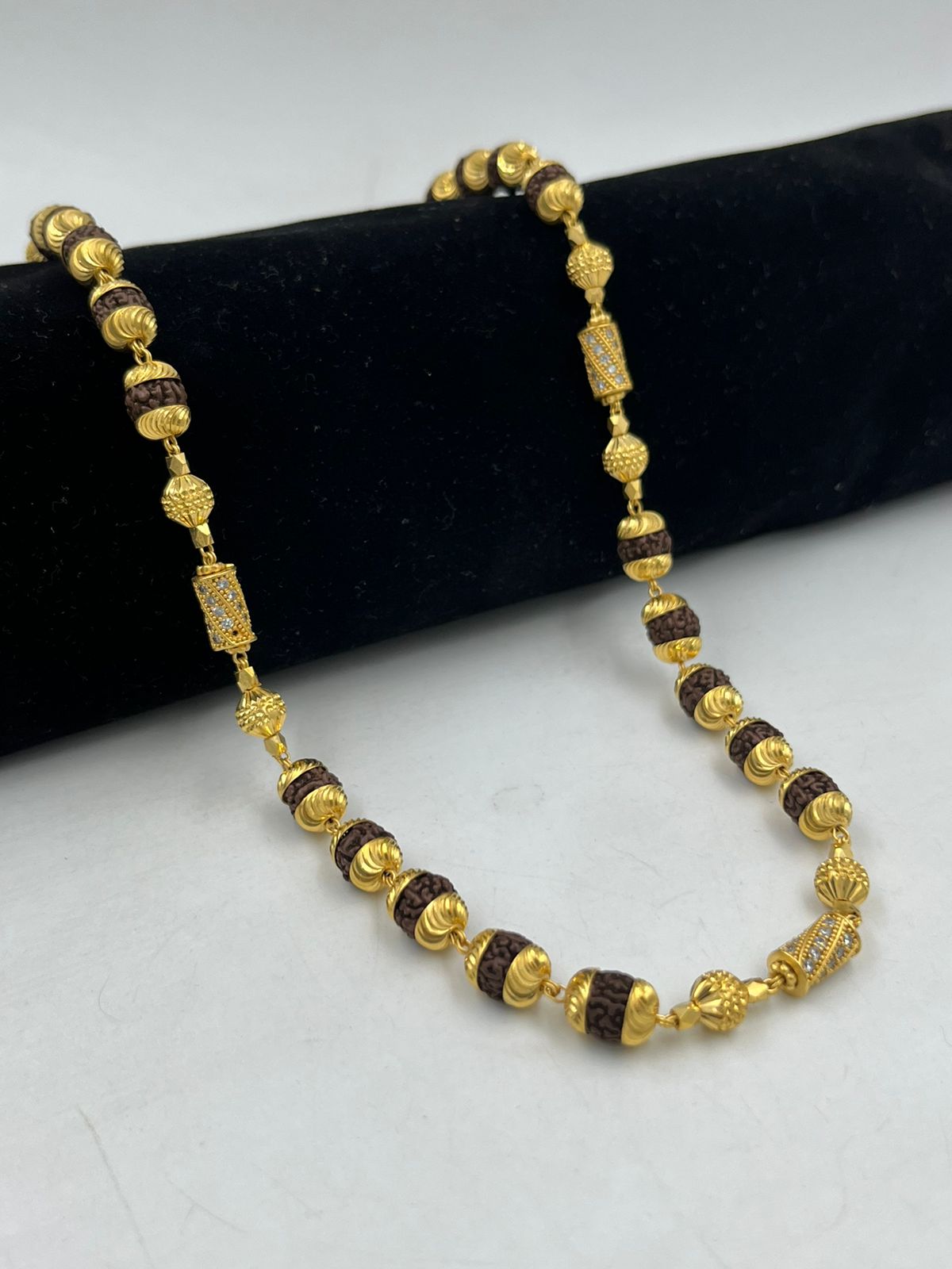 1 GRAM GOLD PLATED BLACK RUDRAKSHA MALA WITH DIAMOND FOR MEN DESIGN A-59