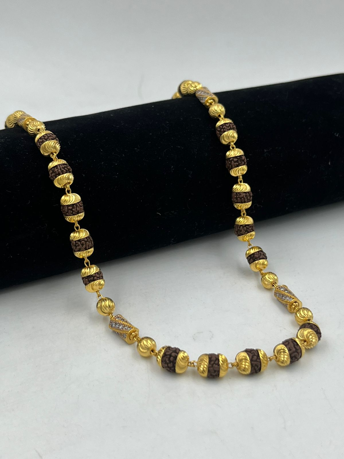 1 GRAM GOLD PLATED BLACK RUDRAKSHA MALA WITH DIAMOND FOR MEN DESIGN A-60
