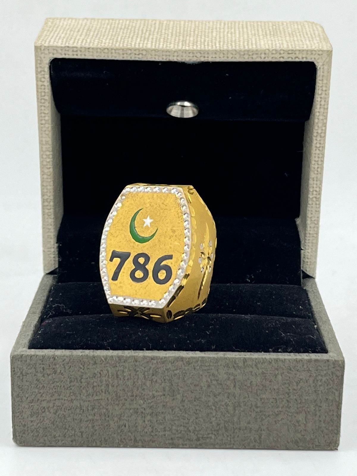 1 GRAM GOLD 786 WITH CHAND (MOON) RING FOR MEN DESIGN A-643