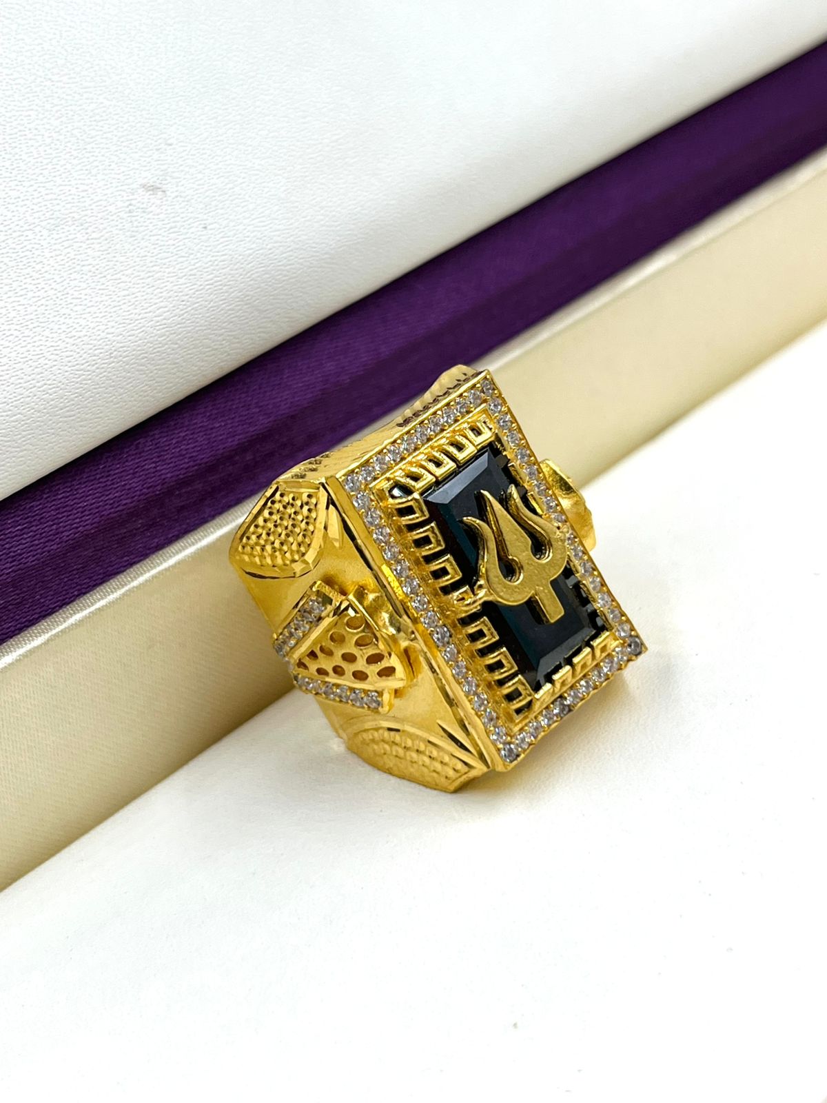 1 GRAM GOLD TRISHUL WITH DIAMOND RING FOR MEN DESIGN A-1113