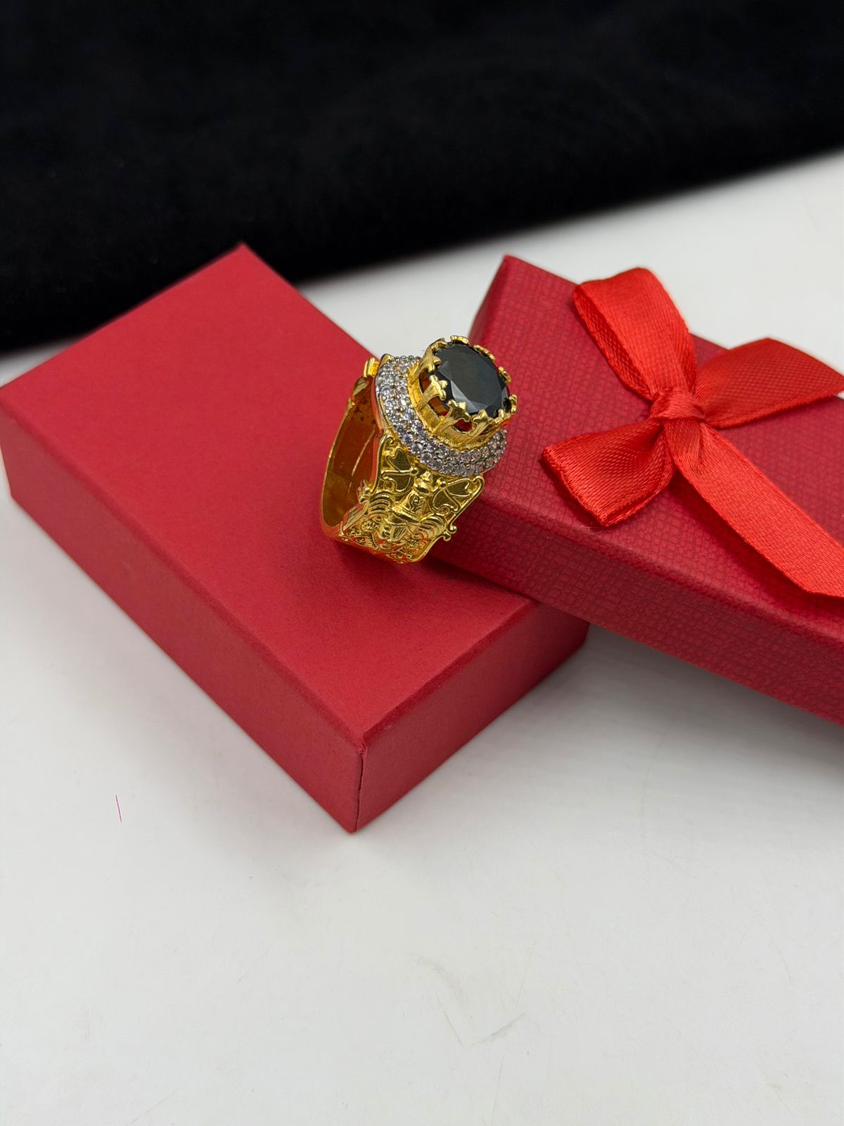 1 GRAM GOLD TIRUPATI BALAJI WITH BLACK DIAMOND RING FOR MEN DESIGN A-613