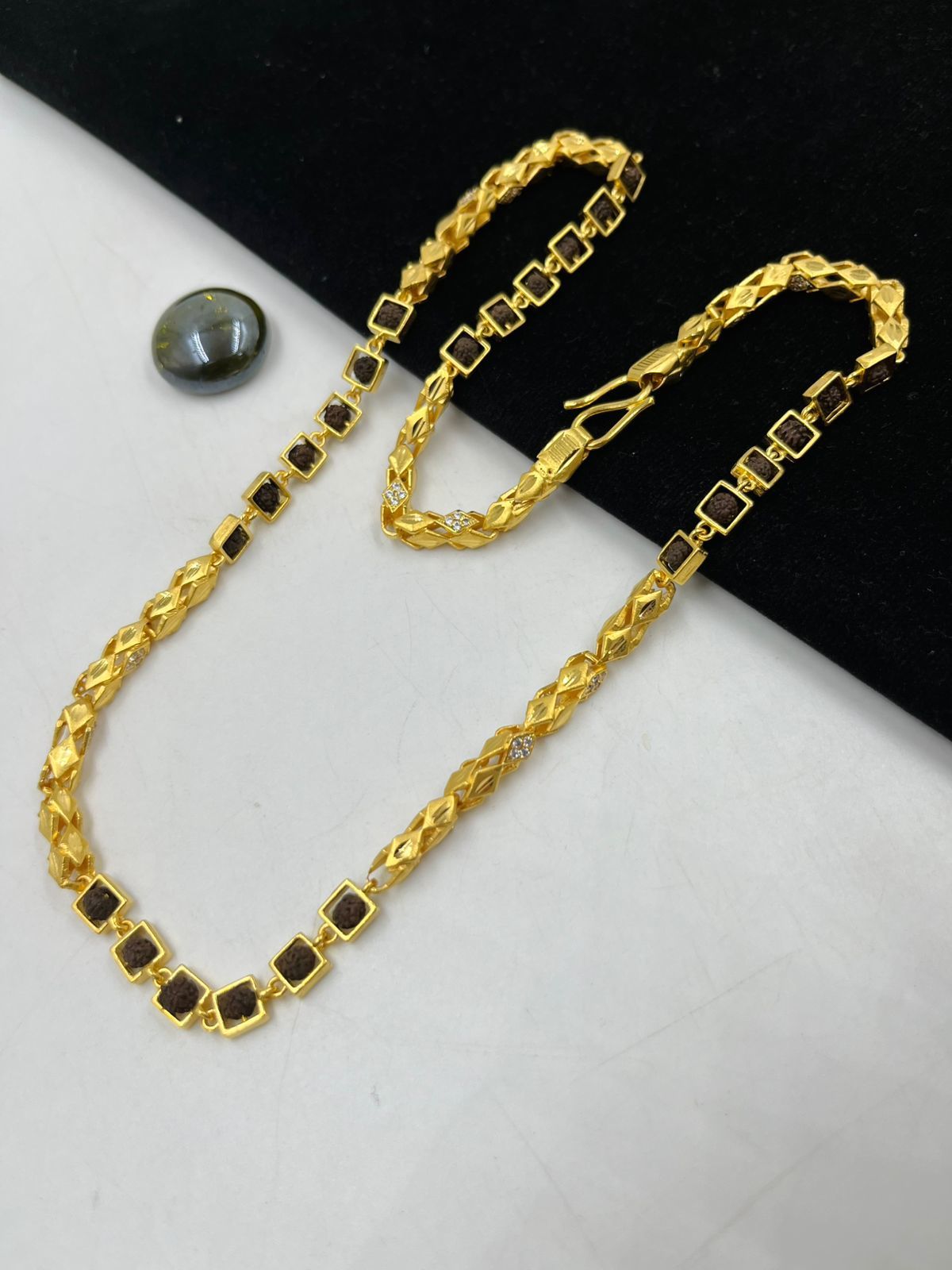 1 GRAM GOLD DIAMOND SQUARE SHAPE RUDRAKSHA MALA FOR MEN DESIGN A-102