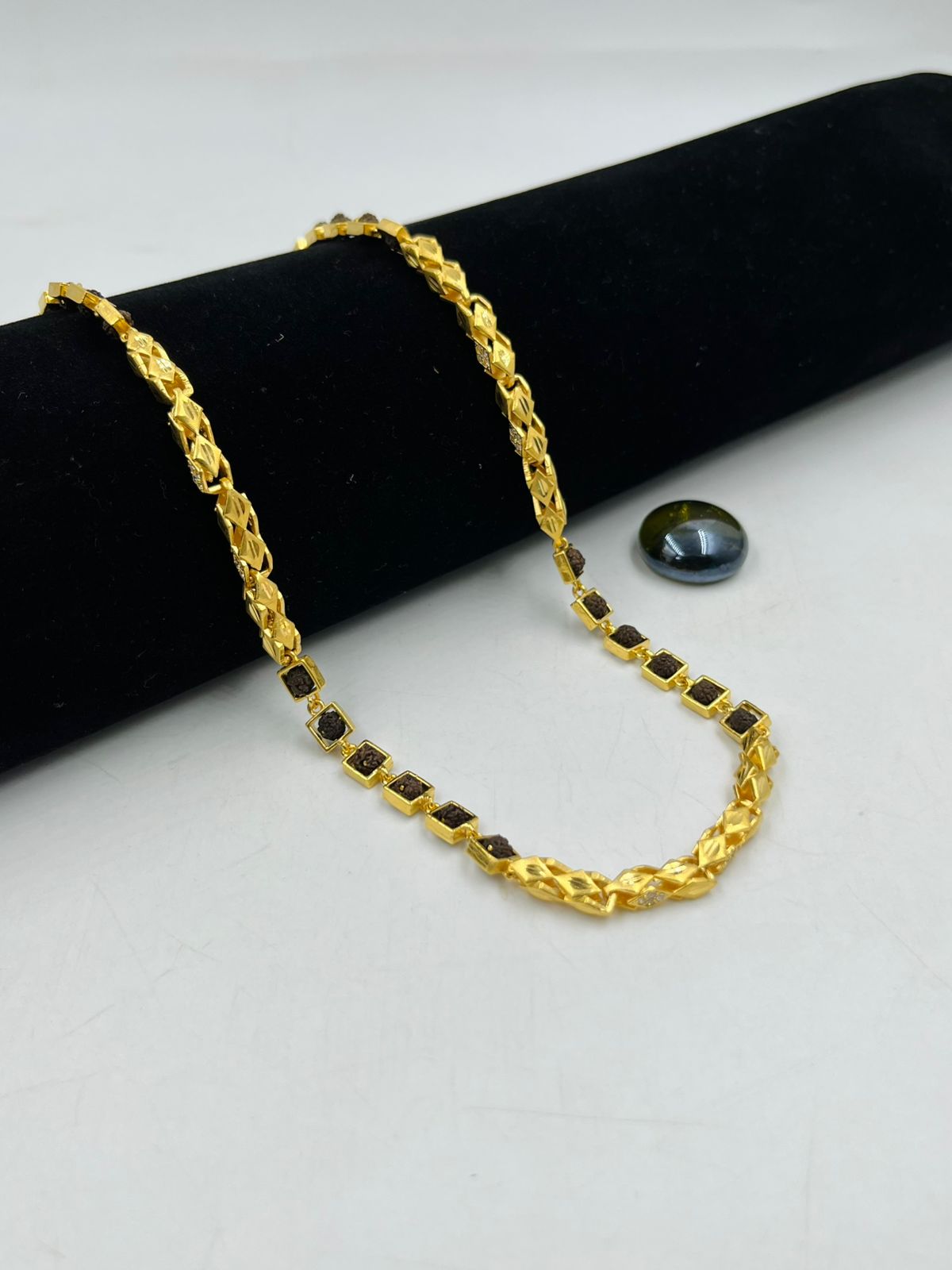 1 GRAM GOLD DIAMOND SQUARE SHAPE RUDRAKSHA MALA FOR MEN DESIGN A-102