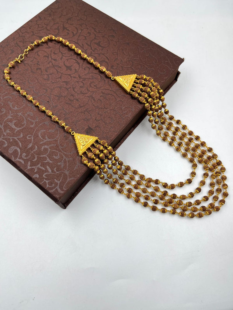 1 GRAM GOLD 5 LINE OM RUDRAKSHA MALA FOR MEN DESIGN A-125
